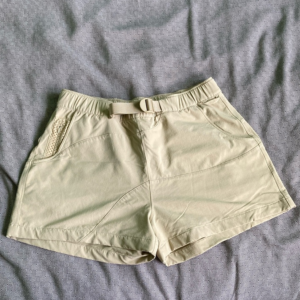 Outdoor Voices rectrek shorts in khaki/tan color